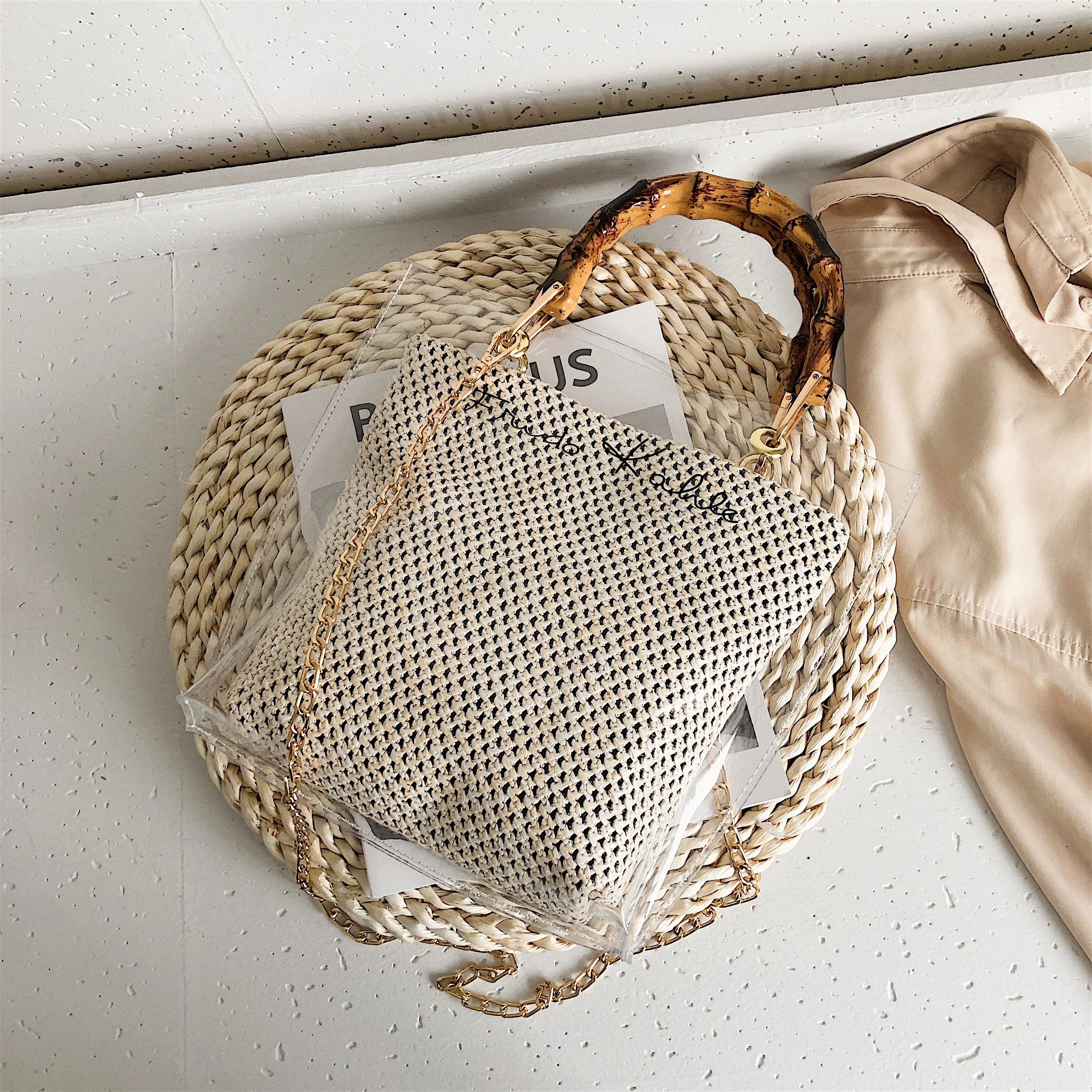 Vintage Style Wooden Handle Handbag Casual Tote Womens Pvc Clear Purses And Handbags Transparent Hand Bags for Women
Vintage Style Wooden Handle Handbag Casual Tote Womens Pvc Clear Purses And Handbags Transparent Hand Bags for Women