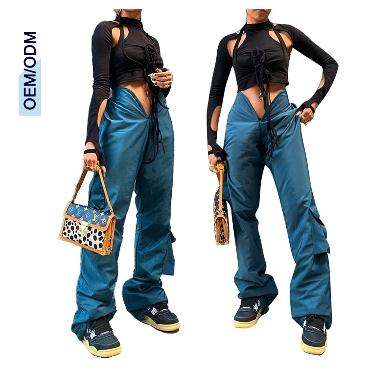

Wholesale Latest flared ladies pants Blue High Waisted Pockets V Type Fashion Flare Pants Streetwear for Women Trousers