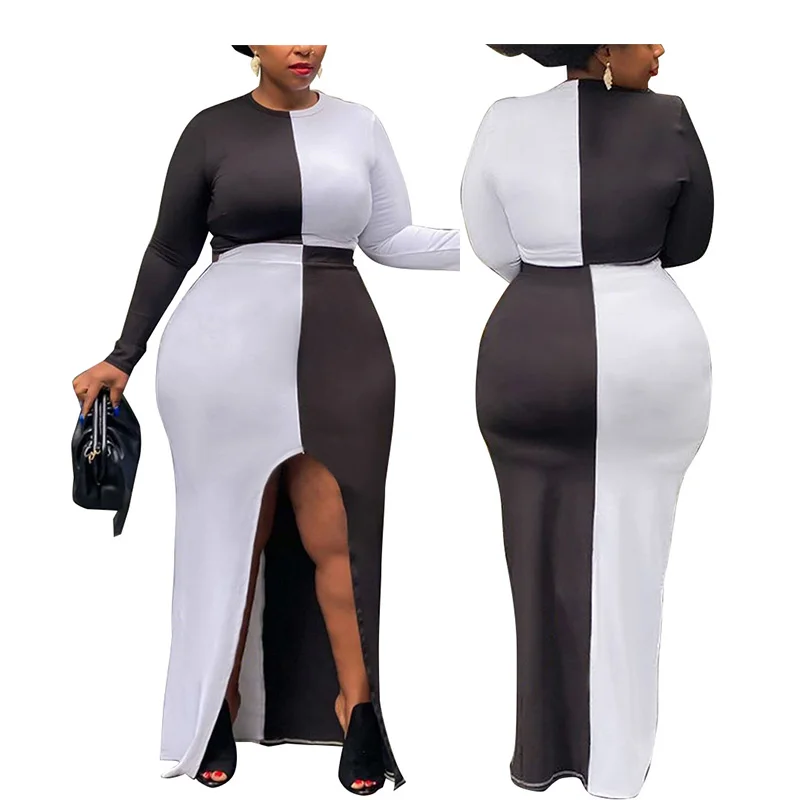 

New Sexy Tank Top Dress Bodycon Long Sleeve Colorblock Women Summer 2 Pieces Sets Maxi Slit Long Split Dress
