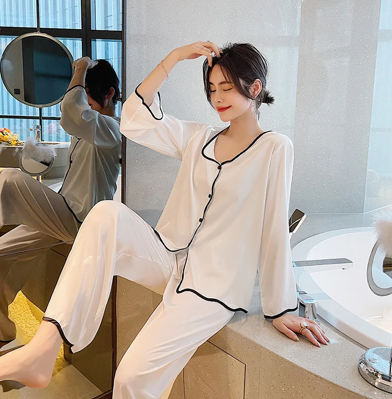 Women Pajamas Solid Color Silk Sleepwear Outfit Tracksuit Two Piece Set For Women, Shown
Women Pajamas Solid Color Silk Sleepwear Outfit Tracksuit Two Piece Set For Women, Shown