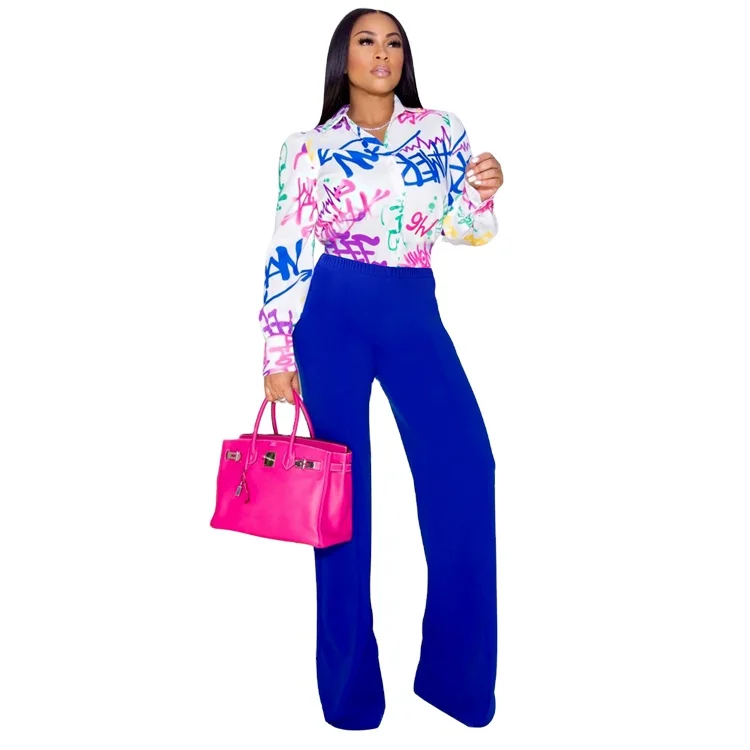 Early autumn fashion suit European and American casual women's printed long shirt wide leg pants two sets
Early autumn fashion suit European and American casual women's printed long shirt wide leg pants two sets