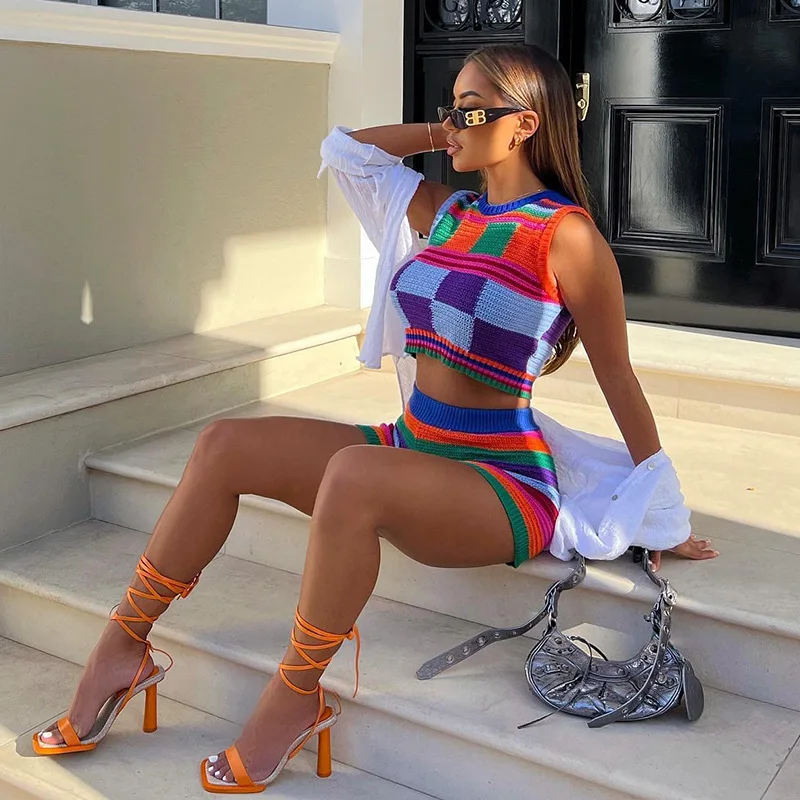 Fashion Streetwear Casual Women Sleeveless Sweaters Colorful Color Blocking Cropped Top Knit Shorts Ladies Sweaters 2 Piece Set
Fashion Streetwear Casual Women Sleeveless Sweaters Colorful Color Blocking Cropped Top Knit Shorts Ladies Sweaters 2 Piece Set