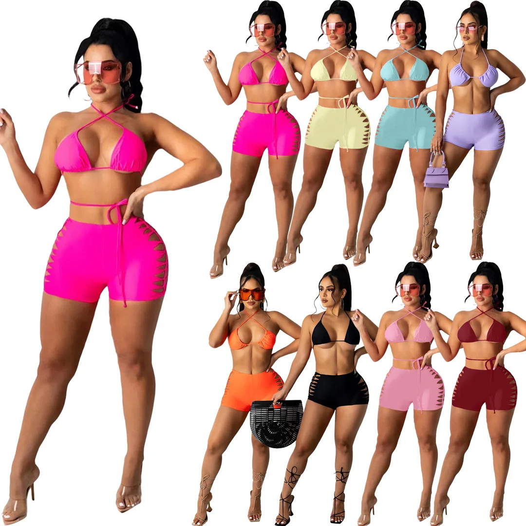 2021 custom Logo Bandage Sexy Bikini Solid Color Sling short pants Two piece Set 2 Pcs Swim Beach Suit Bathing Suit For Women, As show
2021 custom Logo Bandage Sexy Bikini Solid Color Sling short pants Two piece Set 2 Pcs Swim Beach Suit Bathing Suit For Women, As show