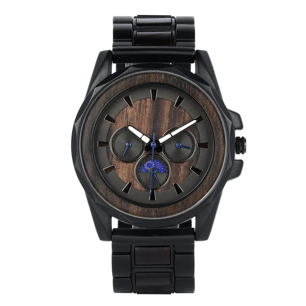 

Drop Shipping Moon Phase Luxury Wood Wrist Watch Quartz Movt Auto Date Week Display Metal Wooden Men Watch