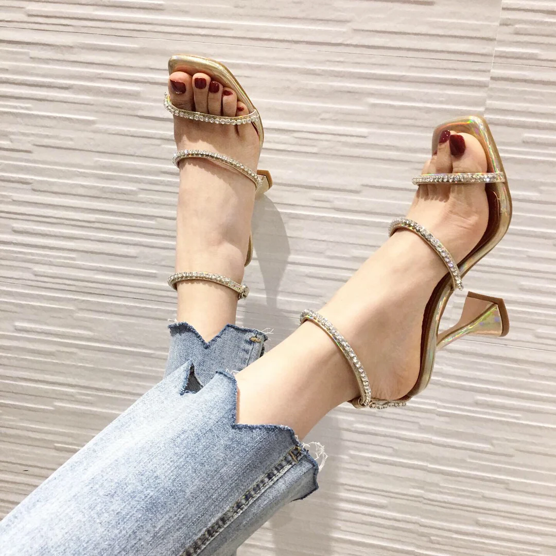 

101414 Gem-embellished double strap square peep toe women shoes sculptured heels ankle strap summer fashion sexy lady sandals