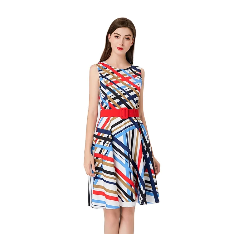 2022 spring ladies luxurious casual elegant fashion print sleeveless high quality colorful casual dresses with belt
2022 spring ladies luxurious casual elegant fashion print sleeveless high quality colorful casual dresses with belt