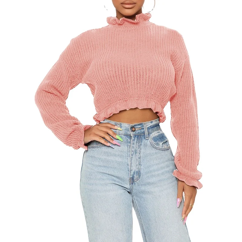 

2022 new fashion women's tops long-sleeved cropped turtleneck sweater ruffled knitted sweater pullover, White, pink, black, brown, dark gray, yellowish brown, army green