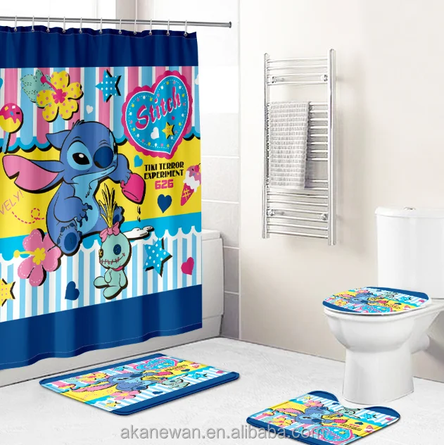 

4PCS cartoon Christmas stitch designed Series 3D print new luxury Shower Curtain Bathroom Sets With Hooks