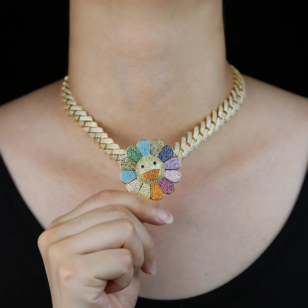 Iced out bling 5A cubic zirconia paved rainbow cz sunflower charm choker necklace women gold color cuban link chain jewelry, Black
Iced out bling 5A cubic zirconia paved rainbow cz sunflower charm choker necklace women gold color cuban link chain jewelry, Black
