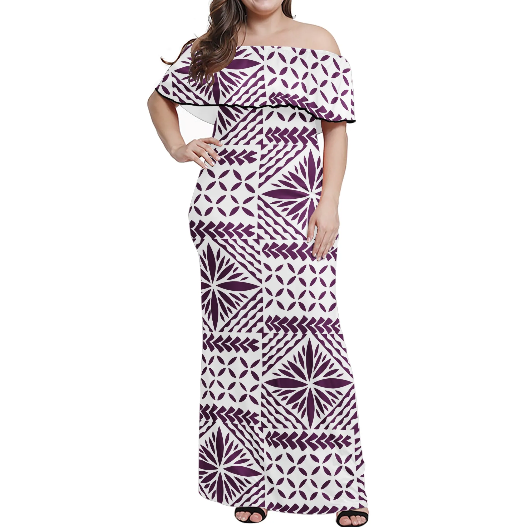 

Summer fashion clothing purple white One-Shoulder women sexy dresses custom polyester Polynesian tribal tatau maxi long dress, Customized color