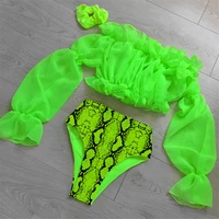 

Neon Long Sleeve Swimsuit 2PCS Snake print Green high waisted Bikini Push Up For Women