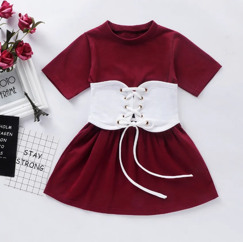 

2020 New Summer Fashion Toddler Girl Short Sleeve Burguandy Shirt with White Lace up Belt for 2-6T, As photos