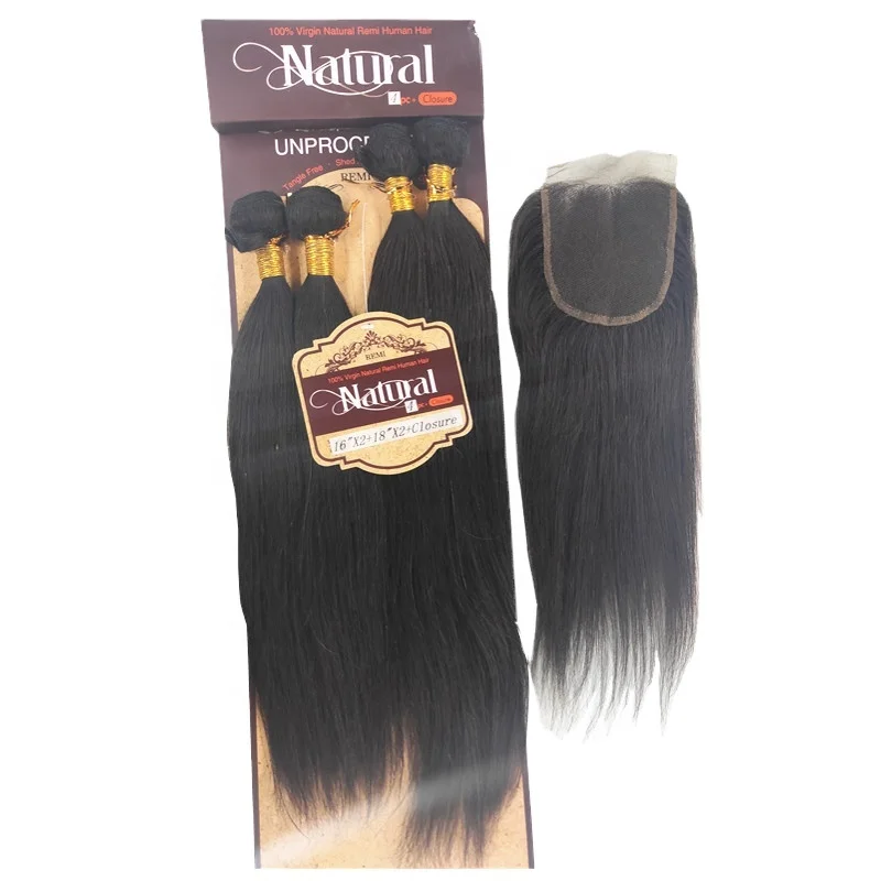 

Packet hair 100% Virgin Natural Remi Human hair bundle 4PCS +closure 16"16"18"18" +14" 10A closure and 4 bundles hair, Natural black color