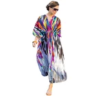 Plus Size V Neck Loose Beach Dress Batwing Sleeve Long Kaftan Beachwear Swimsuit Cover Up