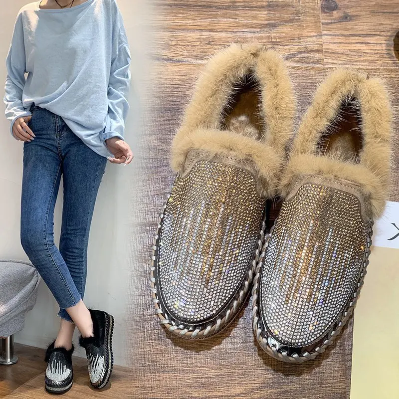 Women Luxury Crystal Flats Shoes Hand Stitching Leather Winter Loafer Furry Ladies Rhinestone Slip-on Platform Shoes, Brown black
Women Luxury Crystal Flats Shoes Hand Stitching Leather Winter Loafer Furry Ladies Rhinestone Slip-on Platform Shoes, Brown black