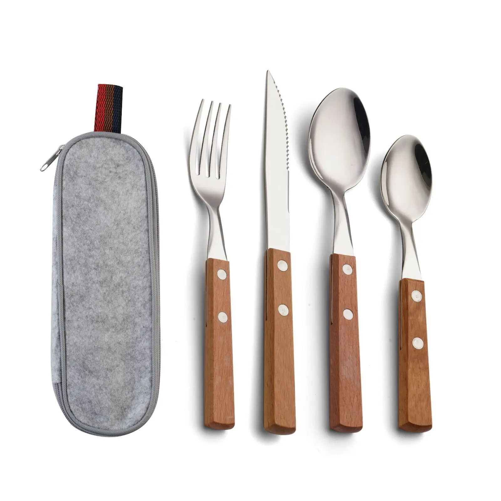 4 pcs portable bag Knife Fork Spoon Mirror Polished Kitchen Stainless Steel Flatware Set wooden handle Cutlery, Beech wood colour/mahogany
4 pcs portable bag Knife Fork Spoon Mirror Polished Kitchen Stainless Steel Flatware Set wooden handle Cutlery, Beech wood colour/mahogany