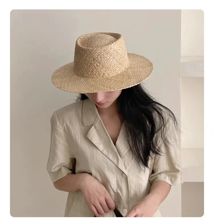 

Wholesale Summer Sun Protection Beach Vacation Panama Jazz Natural Hand Woven Ladies Wide Brim Flat Raffia Straw Hat