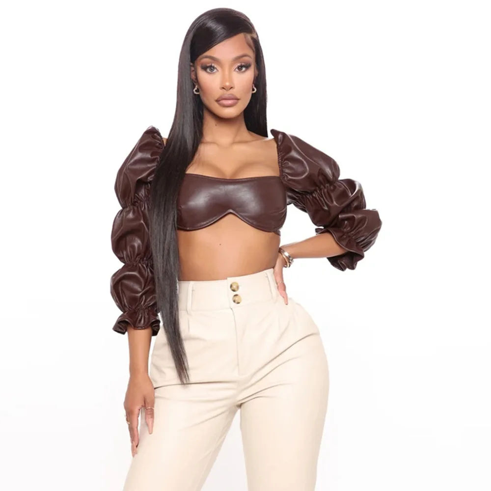 amazon top seller women blouses leather puff sleeve tops sexy solid crop top women clothing, White/oem
amazon top seller women blouses leather puff sleeve tops sexy solid crop top women clothing, White/oem