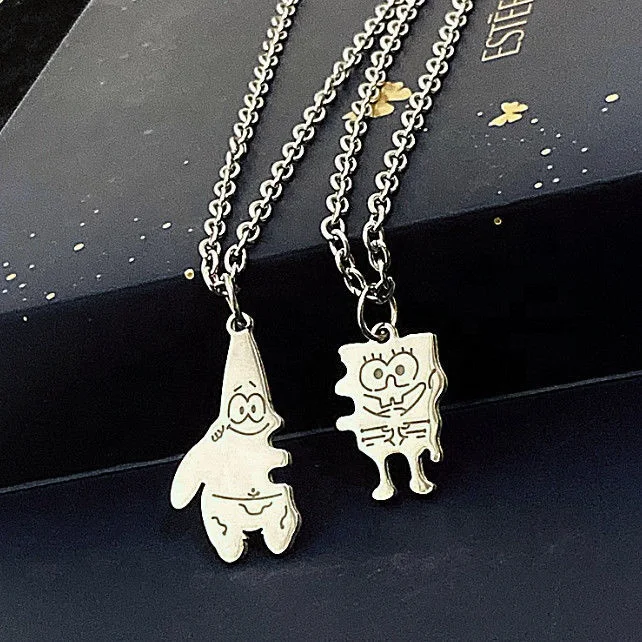 

Fashion Best Friends Stainless Steel Pendant Necklace Cartoon Character Jewelry Spongebob Patrick Star Couple Necklace