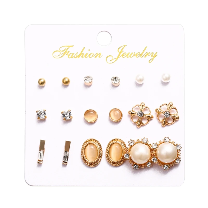 Fashion Korean 9 Pairs Rhinestone Pearl Gold Plated Earrings Set Crystal Earring with Card Holder
Fashion Korean 9 Pairs Rhinestone Pearl Gold Plated Earrings Set Crystal Earring with Card Holder