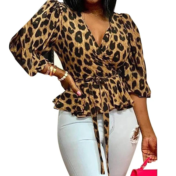 Large size personality V-neck long sleeves Lace-up loose leopard print top women's clothing
Large size personality V-neck long sleeves Lace-up loose leopard print top women's clothing
