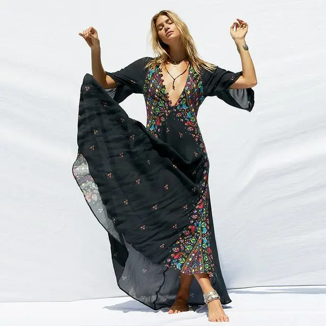 Wholesale in-stock items flowing print three-quarter sleeve floral boho dress V-neck bohemian clothing dress, White and black
Wholesale in-stock items flowing print three-quarter sleeve floral boho dress V-neck bohemian clothing dress, White and black