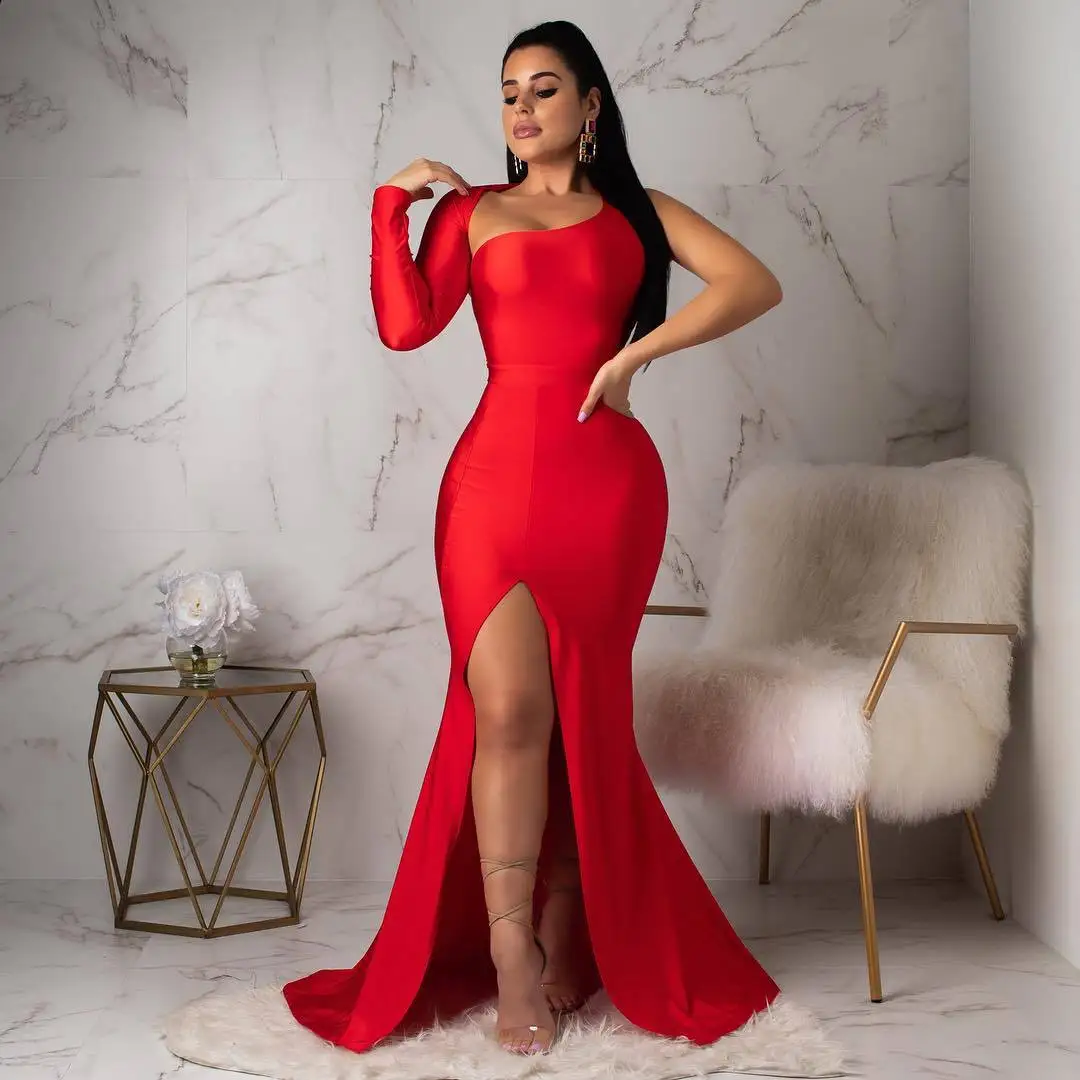 2021 Sexy Party Dresses for Women Solid One Shoulder Backless Long Sleeve High Split Maxi Gown Evening Dress Black Red Blue, As pictures
2021 Sexy Party Dresses for Women Solid One Shoulder Backless Long Sleeve High Split Maxi Gown Evening Dress Black Red Blue, As pictures