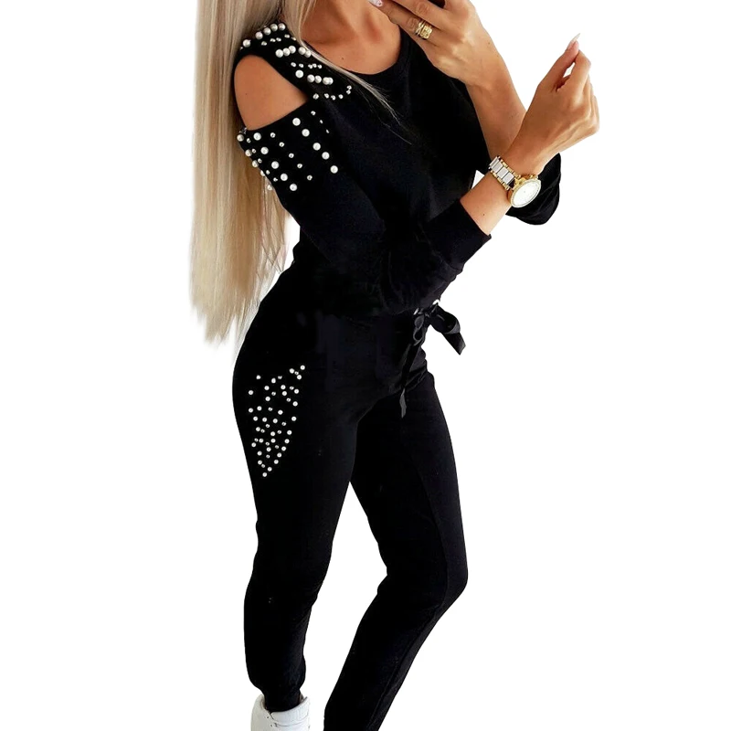 Fashion Round Neck Solid Color Beading Joggers Suits Sexy Two Piece Sets For Women, Shown
Fashion Round Neck Solid Color Beading Joggers Suits Sexy Two Piece Sets For Women, Shown