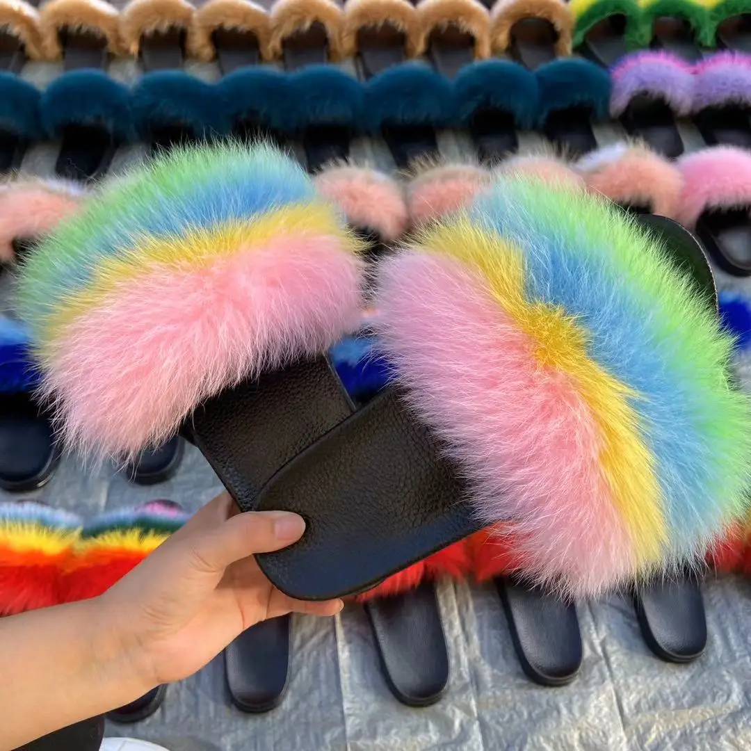 Colorful fluffy fox fur slippers real furry fox fur slippers ladies open-toed fur slides, Customized color
Colorful fluffy fox fur slippers real furry fox fur slippers ladies open-toed fur slides, Customized color