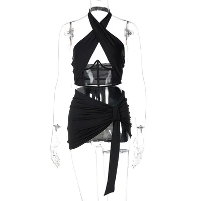 F41253A New summer 2021 black sexy hanging neck hollow stitching mesh tie skirt two piece set summer two piece skirt set, Pink,green
F41253A New summer 2021 black sexy hanging neck hollow stitching mesh tie skirt two piece set summer two piece skirt set, Pink,green