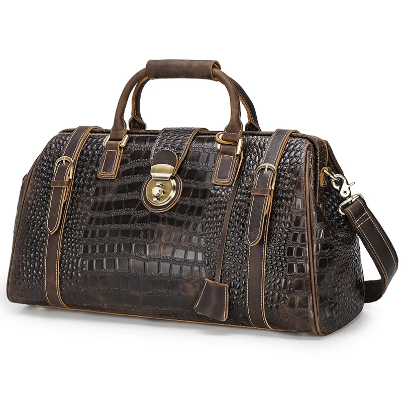 

New Design Extra Large Luxury Brown Duffel Bags Crocodile Pattern Genuine Leather Travel Carry On Holdall Bag, Customized color