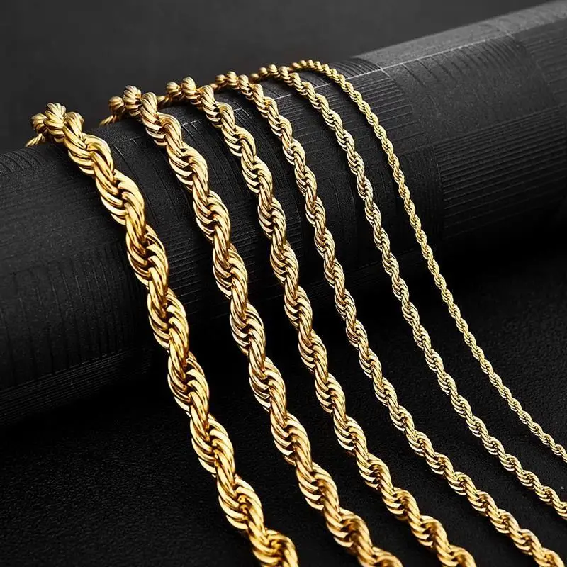 

Custom Fashion 18k Gold Plated Rope Chain 2mm 3mm 4mm 5mm Men Necklaces Women Chains Stainless Steel Necklace