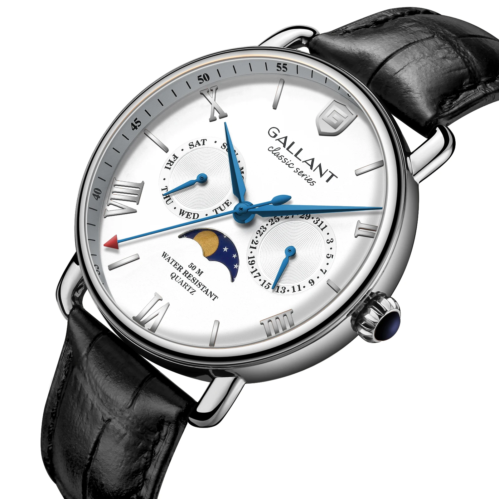 

Cheapest genuine leather band quartz movement moon phase luxury wrist watches men