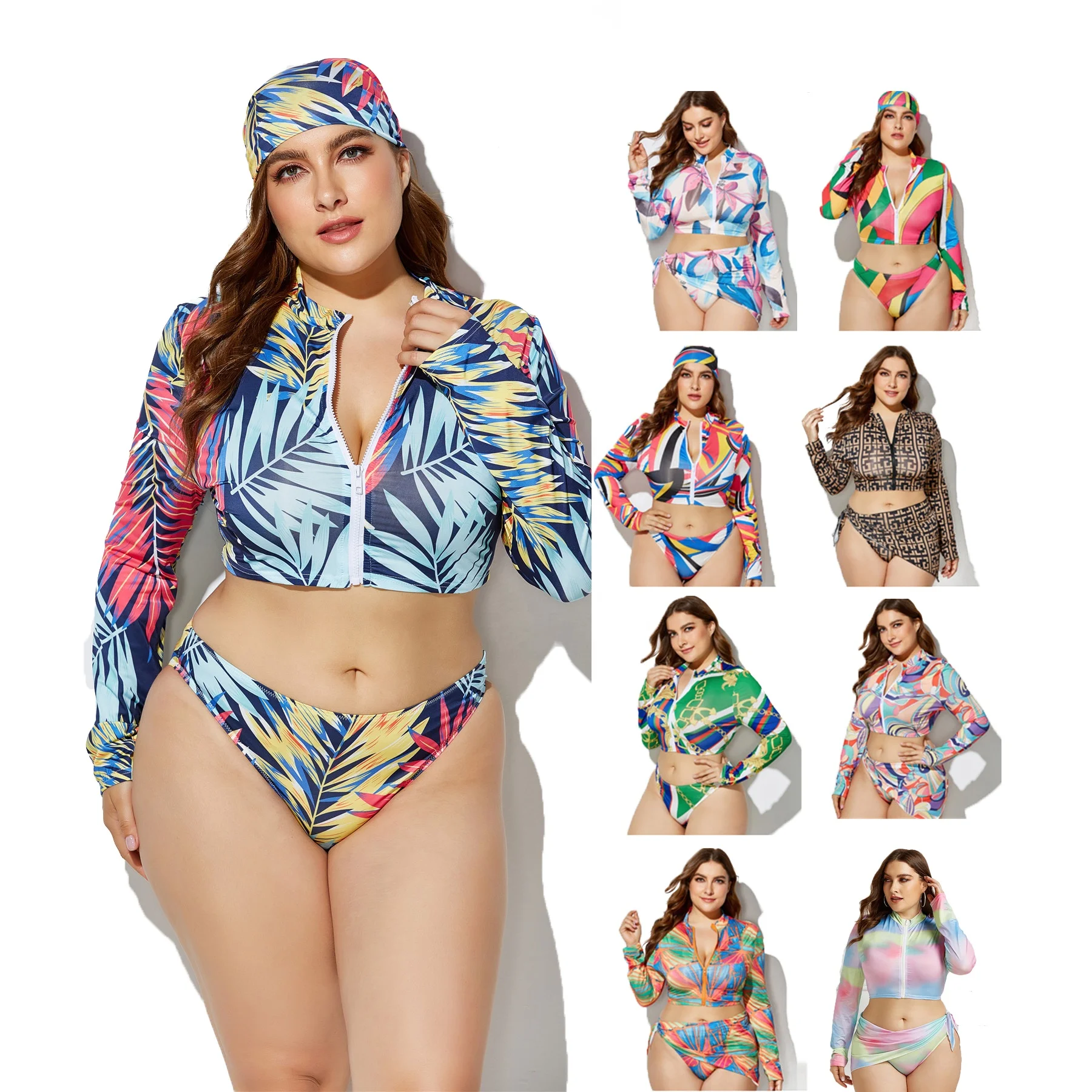 2021 plus size women swimwear floral long sleeve headband 3 piece bathing suits 
2021 plus size women swimwear floral long sleeve headband 3 piece bathing suits