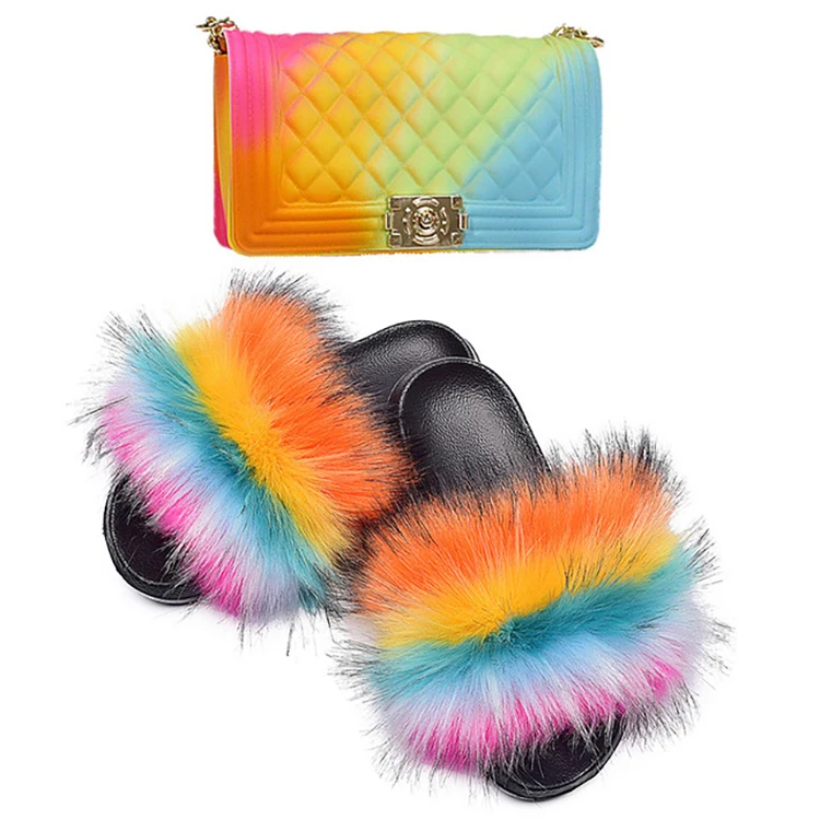 Customized Rainbow Eva Sole Slippers And Pvc Chain Bag Faux Fox Fur Slippers And Bag, Customized color
Customized Rainbow Eva Sole Slippers And Pvc Chain Bag Faux Fox Fur Slippers And Bag, Customized color