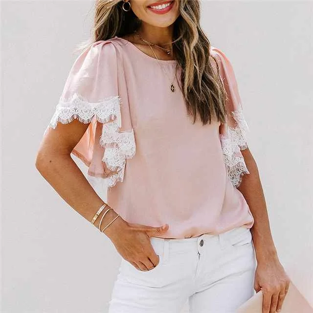 Summer New Lace Round Neck Stitching Pullover Women Pink Top, Different colors and support to customized
Summer New Lace Round Neck Stitching Pullover Women Pink Top, Different colors and support to customized