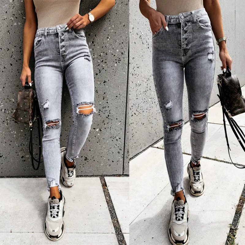 New leisure commuter jeans with holes in Europe and America street hipsters with torn waist and straight leg pants
New leisure commuter jeans with holes in Europe and America street hipsters with torn waist and straight leg pants