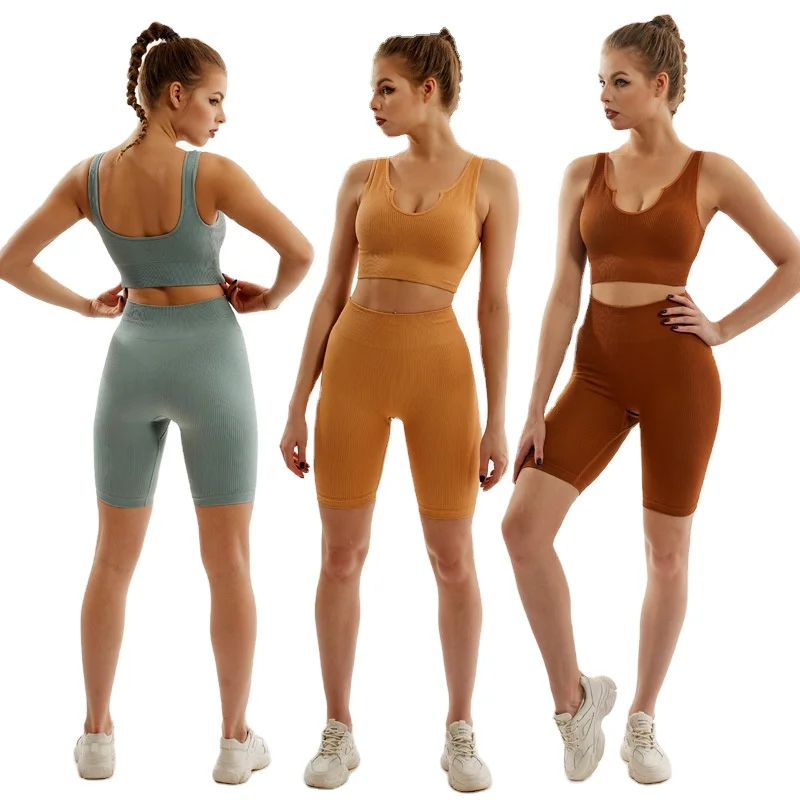 women oem monochrome Women 2 piece Seamless ribbed backless Wide shoulder straps Sports Bra and biker Shorts yoga set
women oem monochrome Women 2 piece Seamless ribbed backless Wide shoulder straps Sports Bra and biker Shorts yoga set