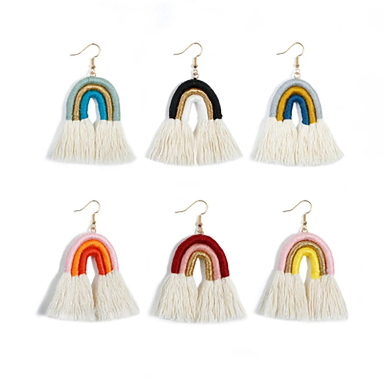 

2021 Bohemian Rainbow Fringe Statement Dangle Drop Earrings Colorful Layered Tassel Earrings for Women