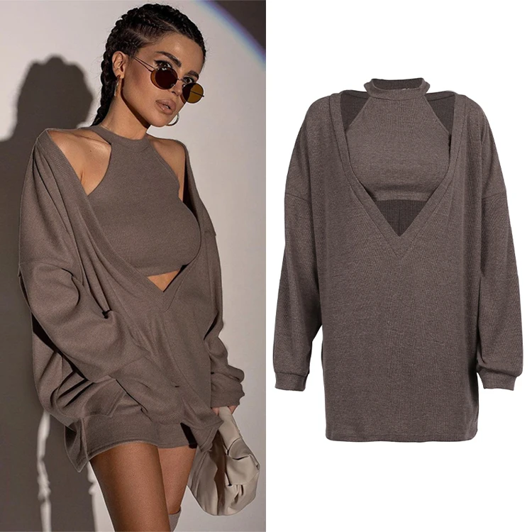 High Quality Gray Halter 2piece Ribbed Fall Outfits Loose Brown Fleece Hoodies Long Sleeve Tops For Women 2021, Brown & gray
High Quality Gray Halter 2piece Ribbed Fall Outfits Loose Brown Fleece Hoodies Long Sleeve Tops For Women 2021, Brown & gray