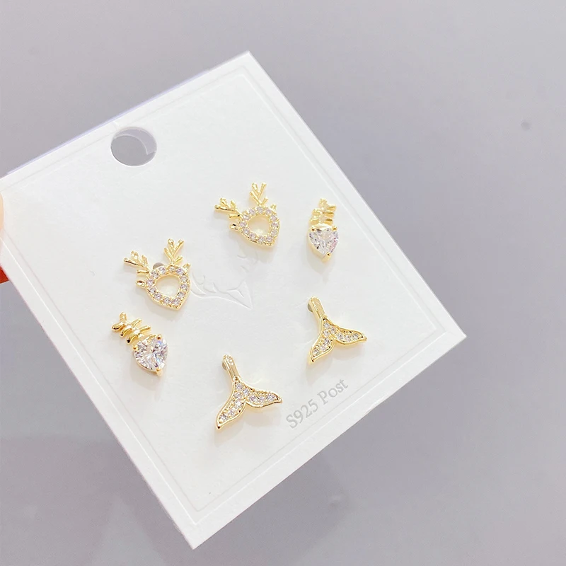 Korean fashion gold plated women jewelry three pairs zircon antler fish tail stud earring accessories set, 14k gold
Korean fashion gold plated women jewelry three pairs zircon antler fish tail stud earring accessories set, 14k gold