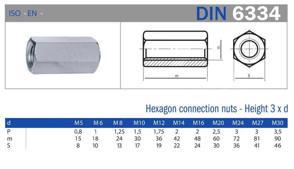 high quality din6334 zinc plated long hex coupling nut long