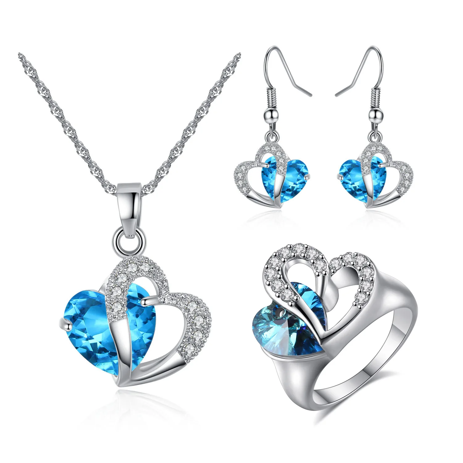 Wholesale Jewelry Sets Ocean Heart Crystal Pendant Necklace Earrings Set Blue Diamond Zirconia Necklace Ring Christmas Gift
Wholesale Jewelry Sets Ocean Heart Crystal Pendant Necklace Earrings Set Blue Diamond Zirconia Necklace Ring Christmas Gift