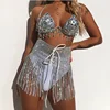 Sexy Women Silver Rhinestone Tassel Skirts Ladies Sparkly Diamond High waist Body Chain Nightclub Mini Skirt