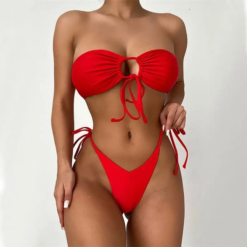 

Hot Selling Unique Solid Color Buckle Bikini Women Swimsuit Bandeau Swimsuit Triangle Sexy Swimwear, As picture