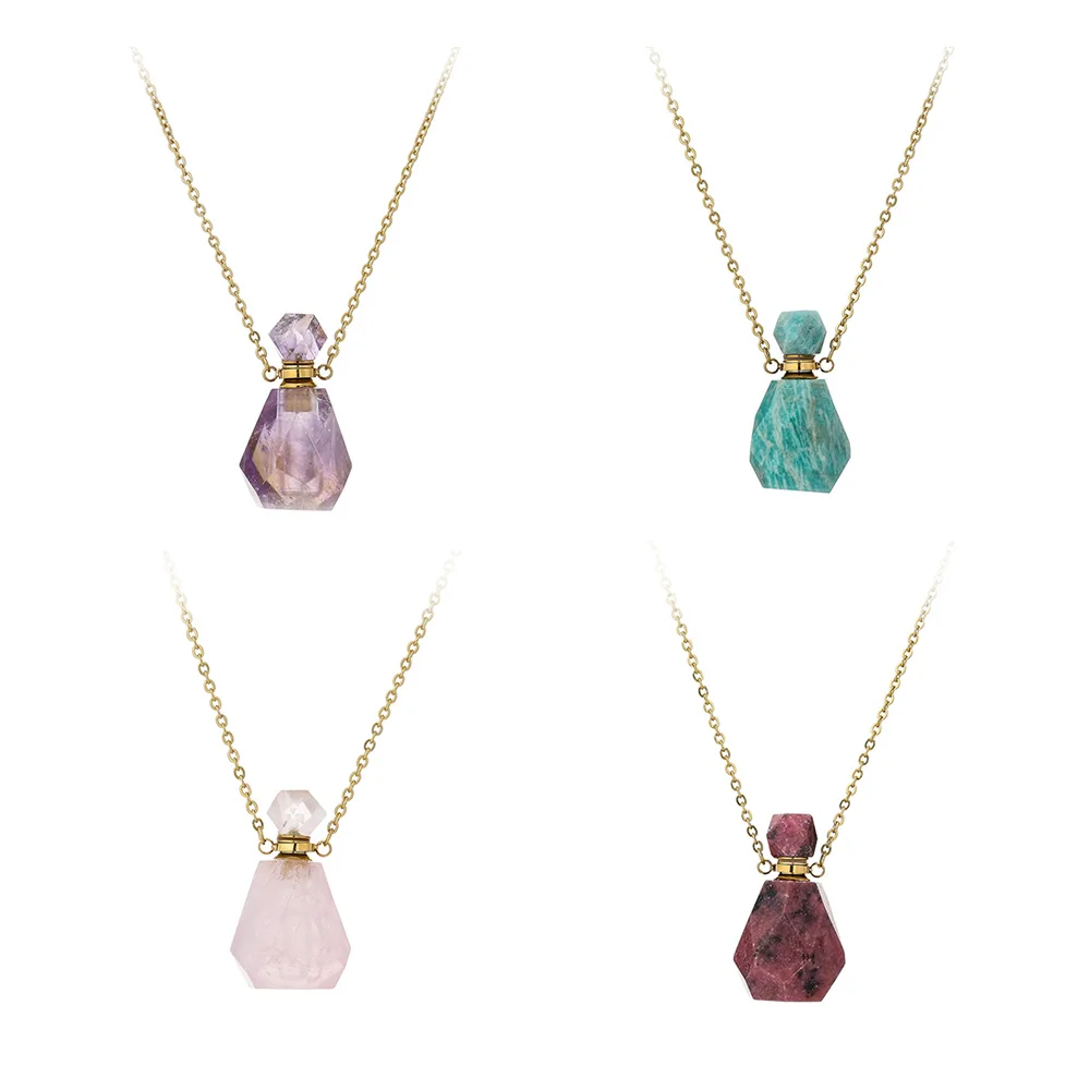 18k Gold Stainless Steel Natural Amethyst Rose Quartz Amazonite Crystals Stone Essential Oil Perfume Bottle Pendant Necklaces
18k Gold Stainless Steel Natural Amethyst Rose Quartz Amazonite Crystals Stone Essential Oil Perfume Bottle Pendant Necklaces
