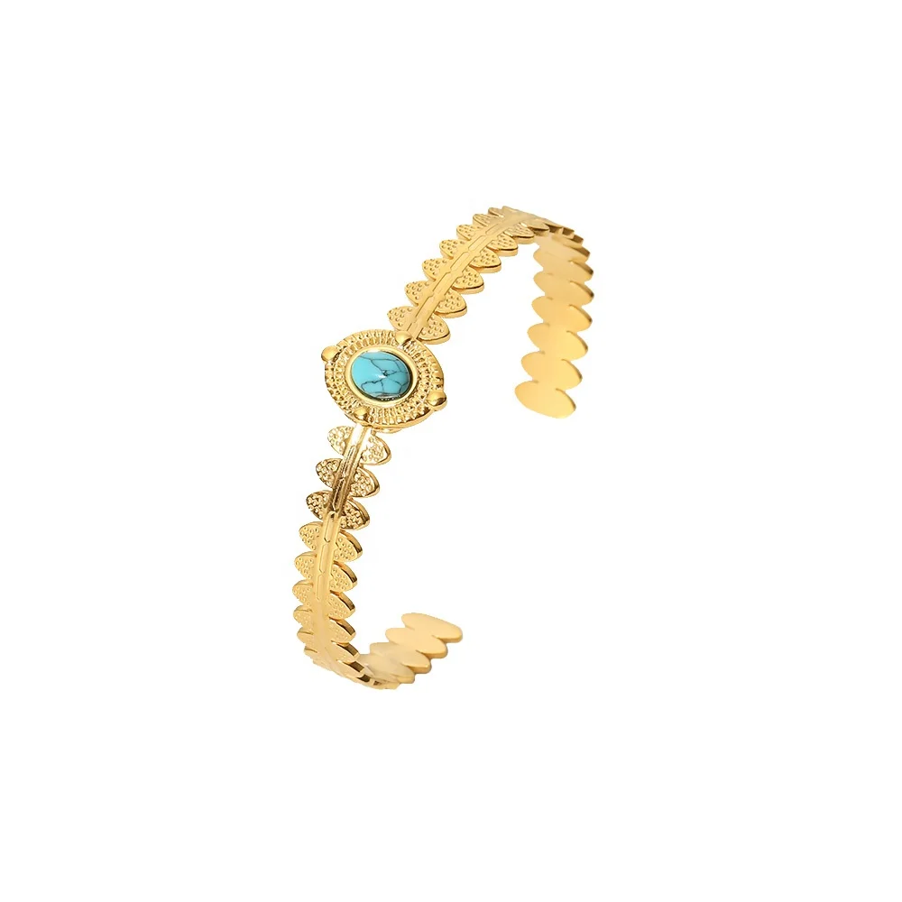 

18k Gold Plated Stainless Steel Fashion Crown Shape Turquoise Opening Bracelet For Women Jewelry