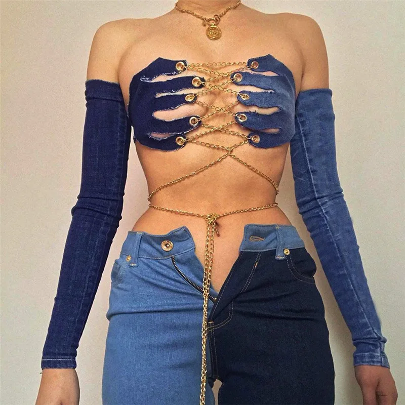 2021 new arrivals fashion metal Chain lace up palm denim tank tops for women sexy bandage jeans t thirt club party wear outfits
2021 new arrivals fashion metal Chain lace up palm denim tank tops for women sexy bandage jeans t thirt club party wear outfits