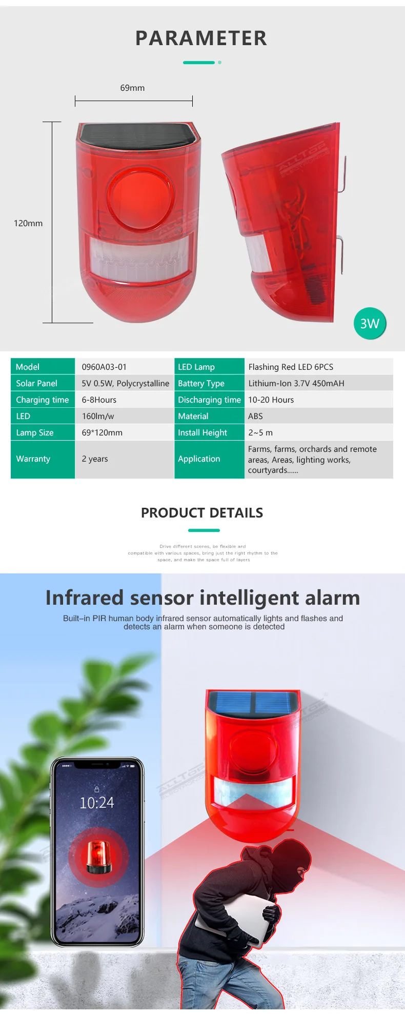ALLTOP 2020 New Design Outdoor Security Alarm Light 6LED Light Loud Siren Solar Alarm System