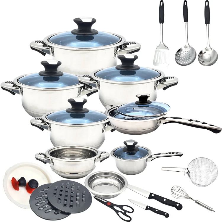 Hot selling stainless steel cookware set 27 pcs household kitchen cooking pot set Gift Set, Silver
Hot selling stainless steel cookware set 27 pcs household kitchen cooking pot set Gift Set, Silver